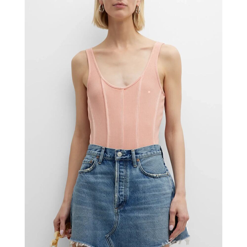 Agolde Women's Ribbed Elna Corset-Seam Bodysuit Grapefruit Size Medium